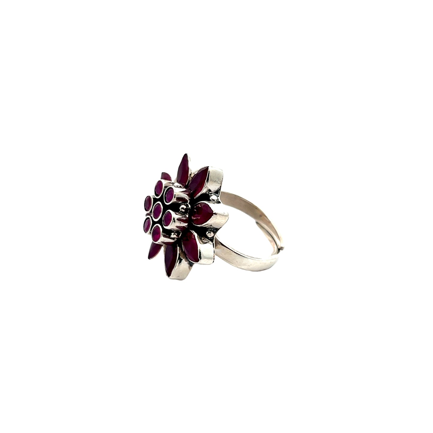 Ruby Floral Cut Stone Silver Ring