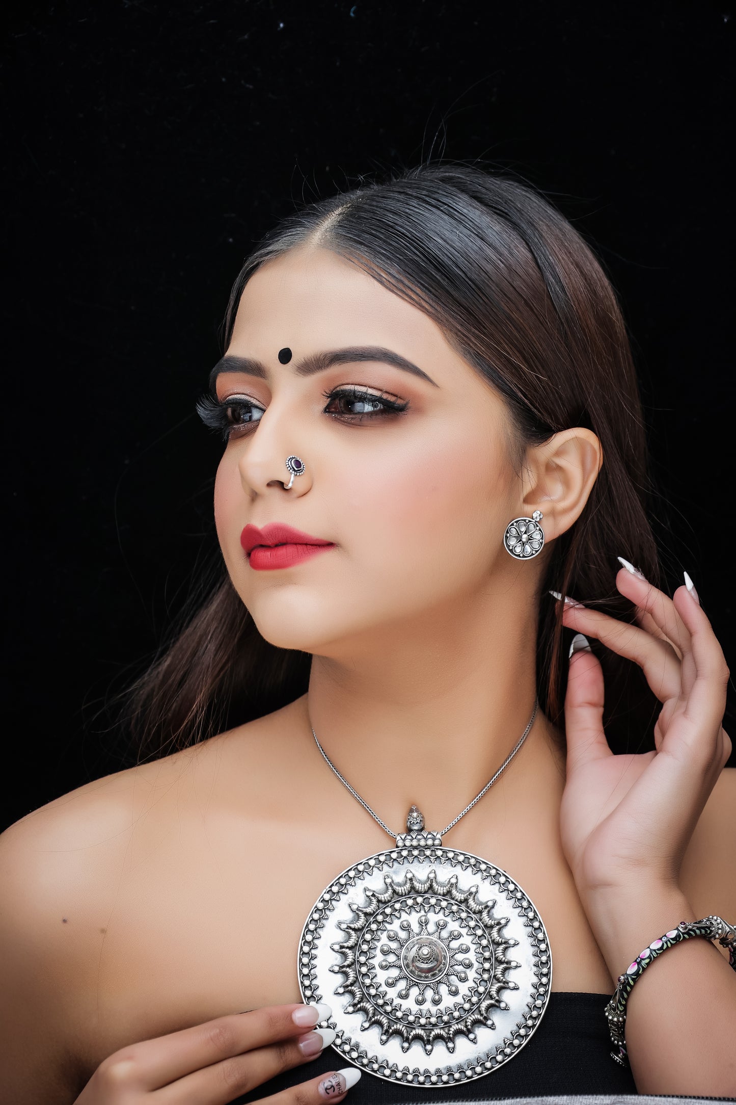 Antique Silver Boho Medallion Flower XL Pendant