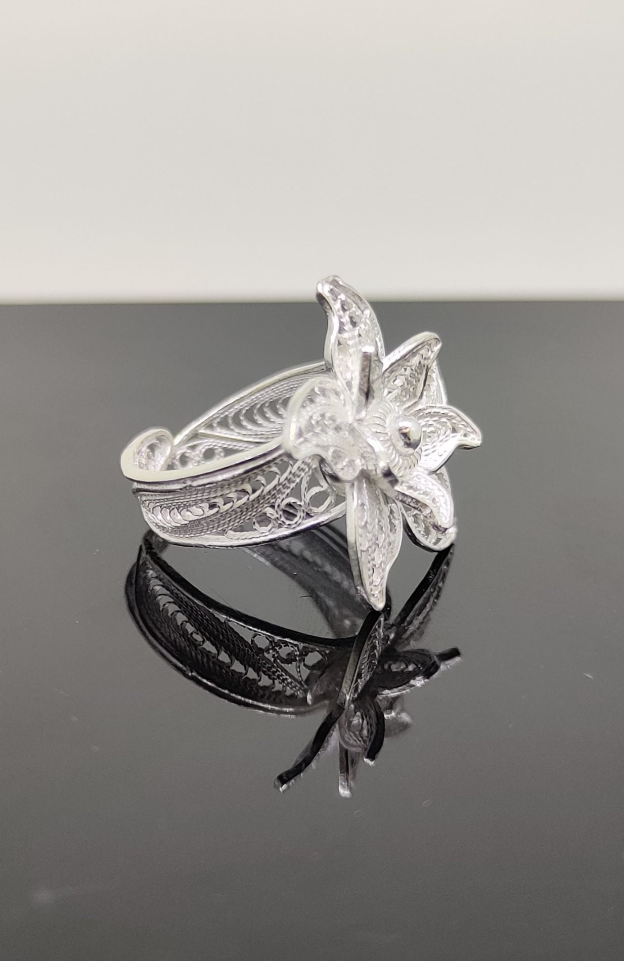 Petal Whisper Filigree Silver Ring