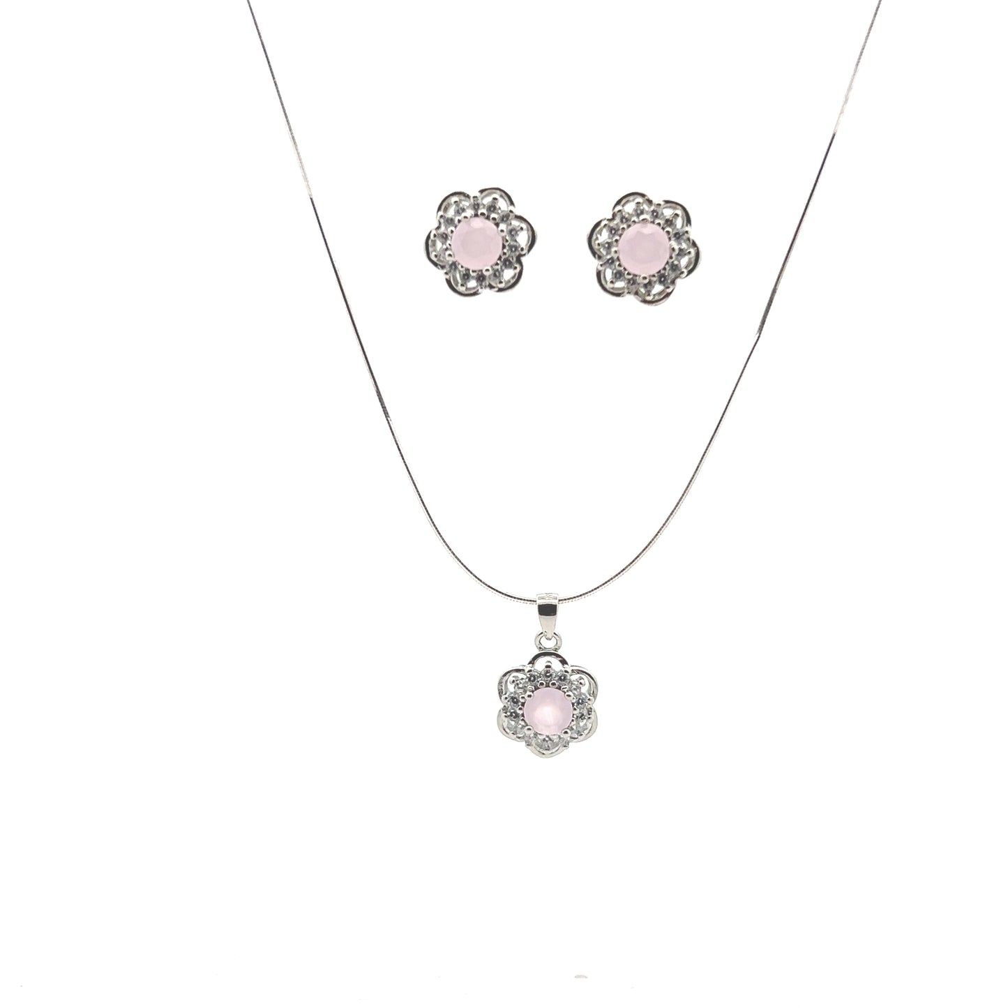 Pink CZ Flower Silver Pendant Set