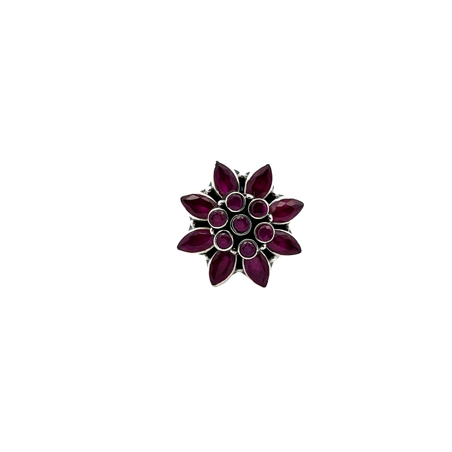 Ruby Floral  Cut Stone Silver Ring