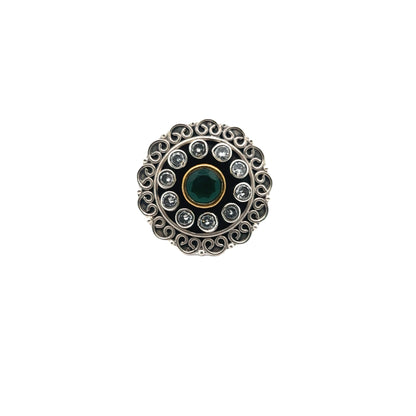 Floral Green Cut Stone Silver RIng