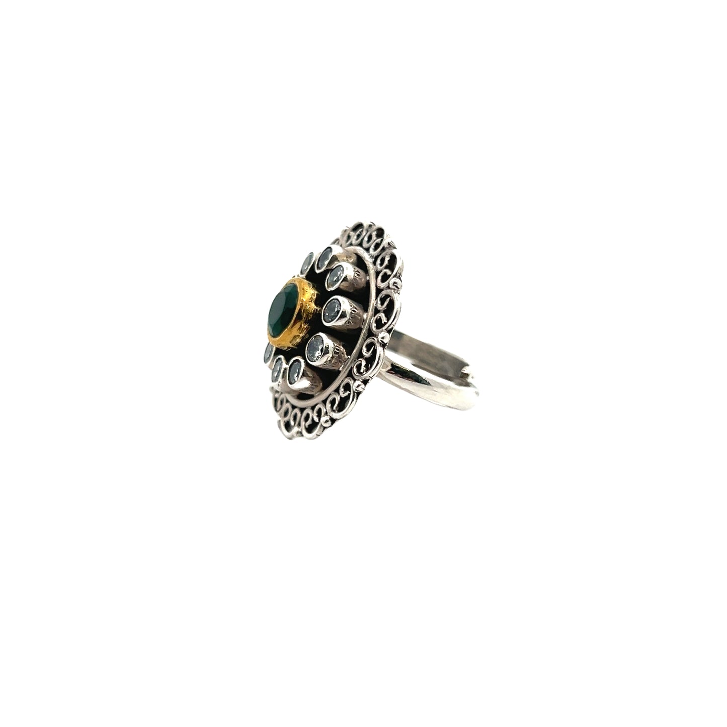 Floral Green Cut Stone Silver RIng
