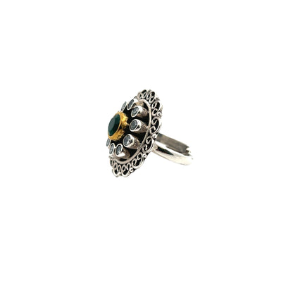 Floral Green Cut Stone Silver RIng