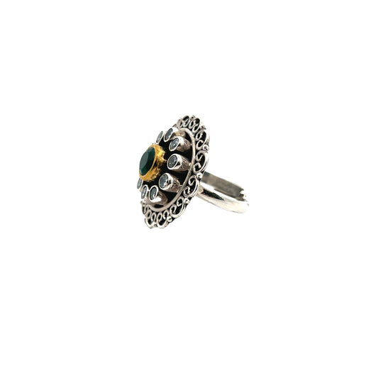 Floral Green Cut Stone Silver RIng
