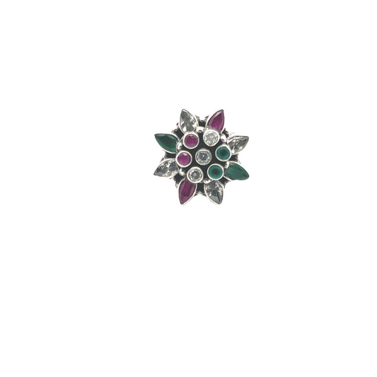 Multicolour Floral Cut Stone Silver Ring