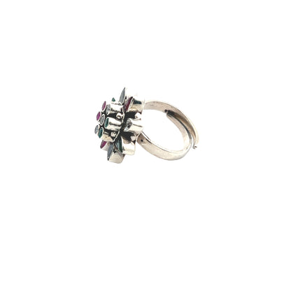 Multicolour Floral Cut Stone Silver Ring