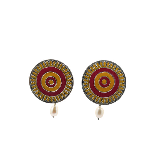 Yellow Meenakari Circular Silver Earring