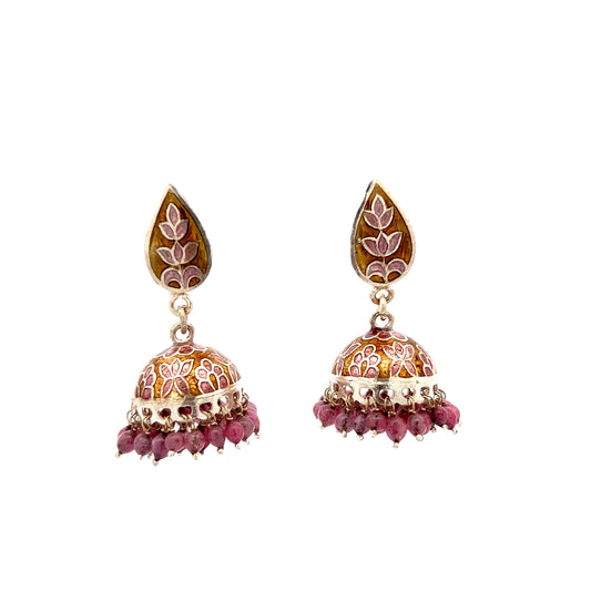 Pink Meenakari Silver Jhumka Earrings