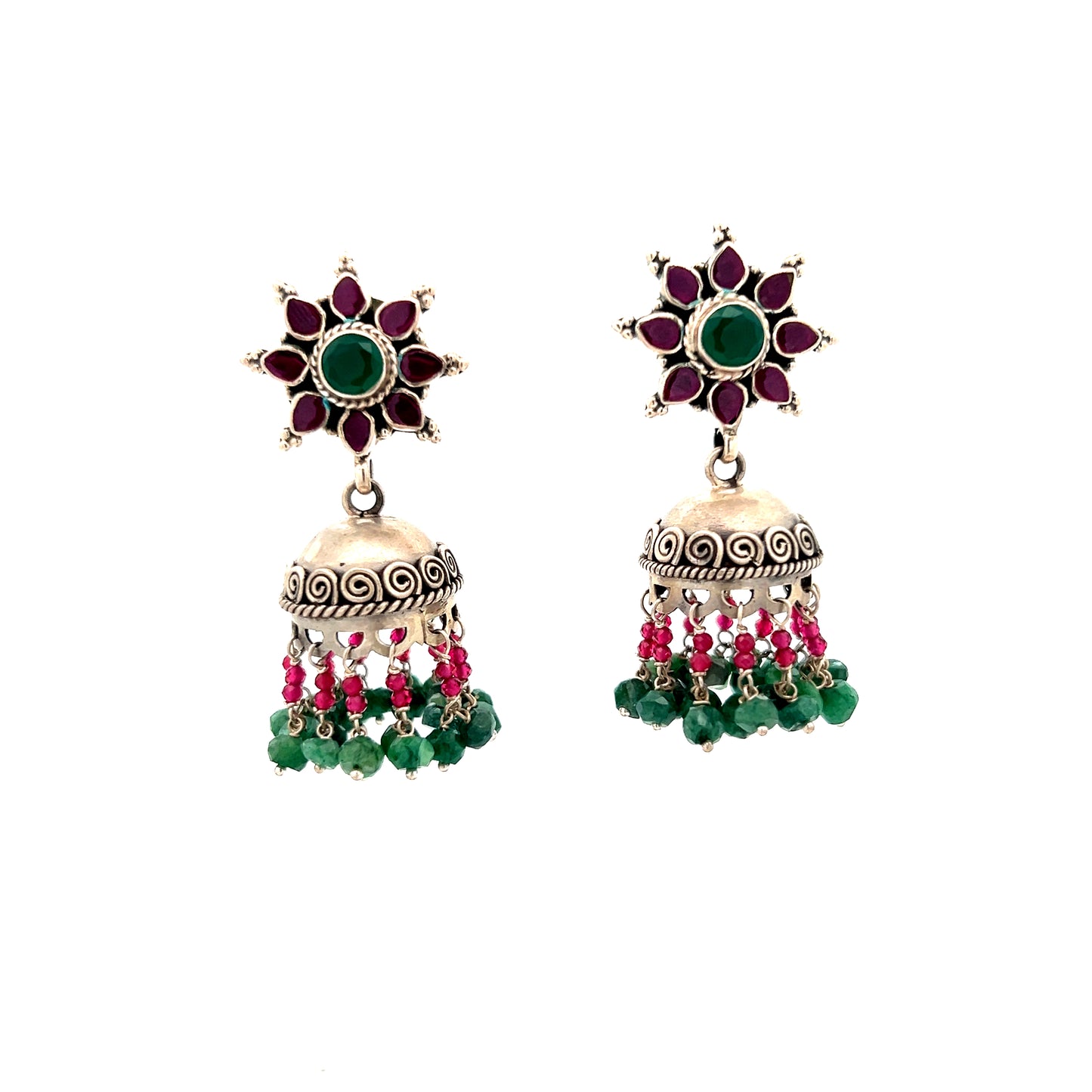 Red Green Cut stone Jhumka Earrings