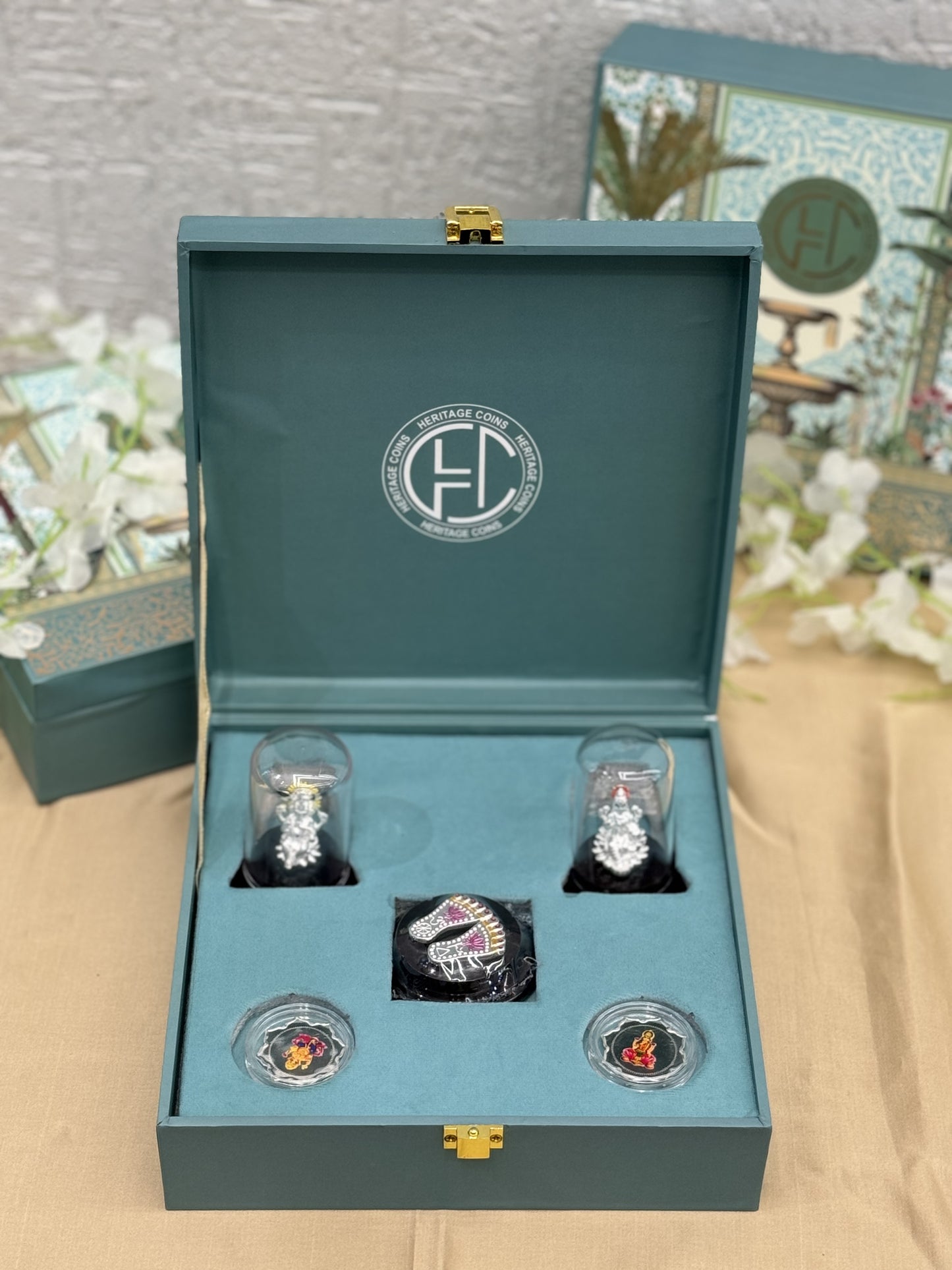 Charan Paduka With Laxmi Ganesha Idol Silver Coin Gift Set