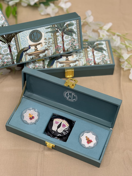 Silver Charan Paduka With Coins Gift Set