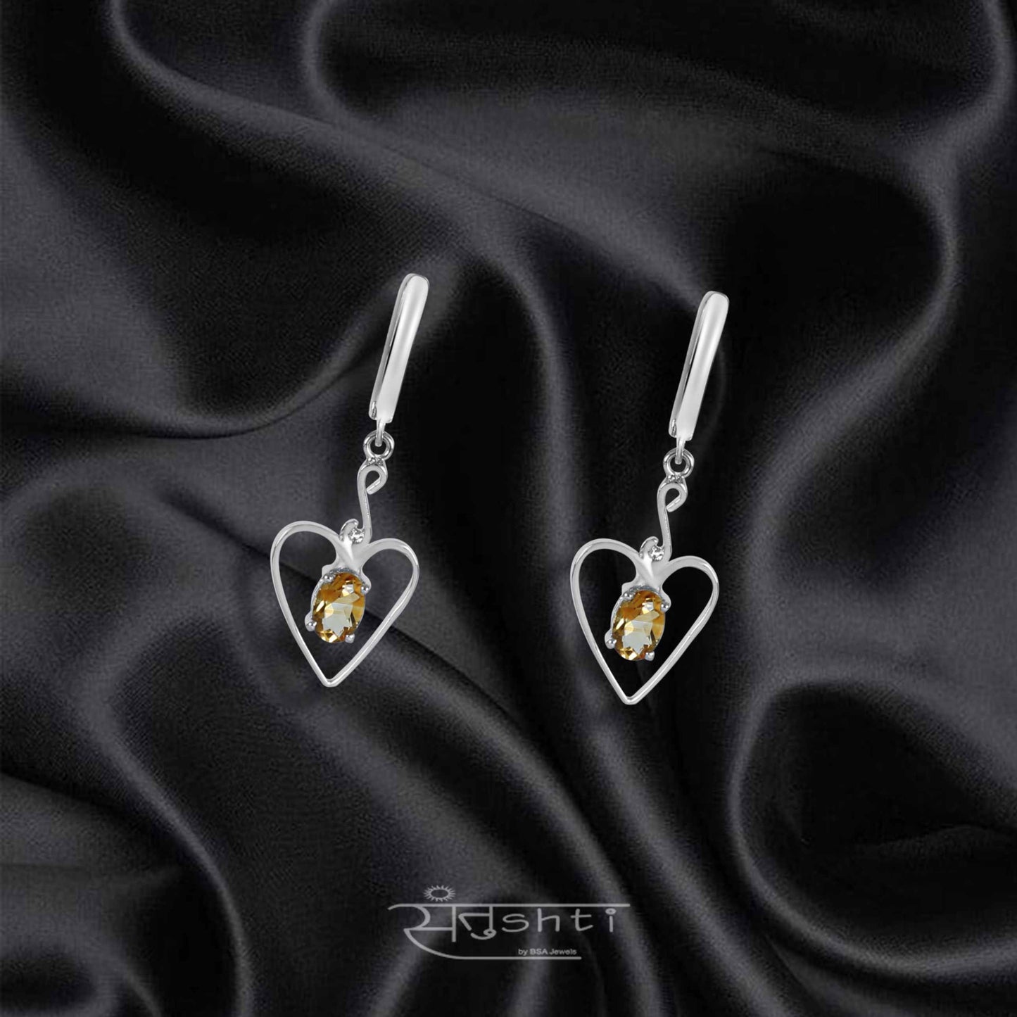 Citrine Heart Silver Danglers