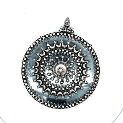 Antique Silver Boho Medallion Flower XL Pendant